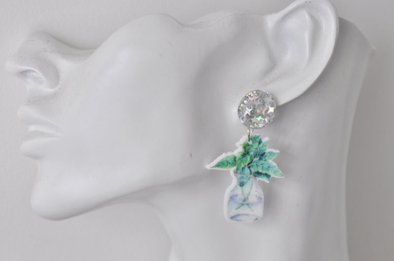 Acrylic Plant in a Glass Jar Drop Dangle Earrings