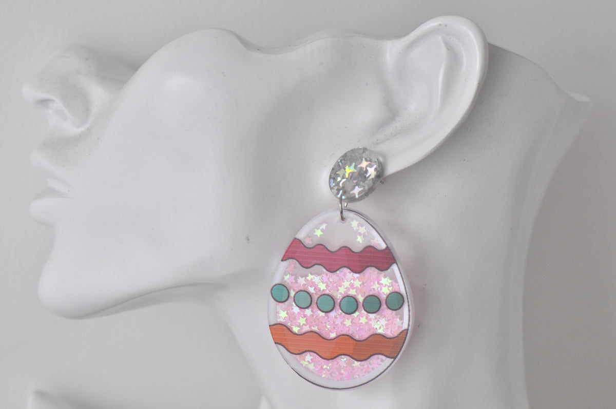 Acrylic Chocolate Easter Egg Glitter Stars Drop Dangle Earrings