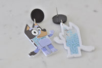 Close-up of blue heeler earring back showing star glitter shaker detail
