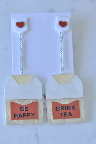 Tea Bag Drink Tea Be Happy Inspirational Drop Dangle Earrings