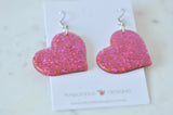 Acrylic Perspex Rainbow Glitter Heart Drop Earrings - Glitter Pink