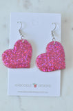 Acrylic Perspex Rainbow Glitter Heart Drop Earrings - Glitter Pink