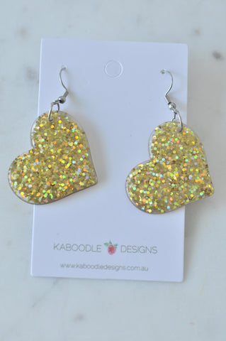 Acrylic Perspex Rainbow Glitter Heart Drop Earrings - Glitter Gold