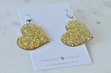 Acrylic Perspex Rainbow Glitter Heart Drop Earrings - Glitter Gold