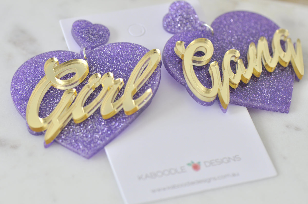 Acrylic Girl Gang Glitter Heart Drop Dangle Earrings