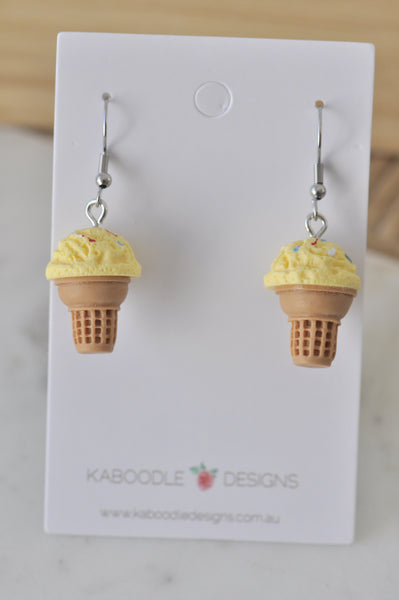 Miniature 3D Ice Cream Dangle Earrings - Yellow with Sprinkles