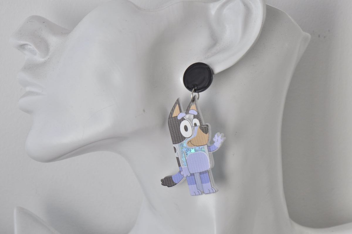 Acrylic Blue Heeler Dog Glitter Stars Shaker Drop Dangle Earrings