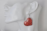 Acrylic Perspex Rainbow Glitter Heart Drop Earrings - Glitter Red