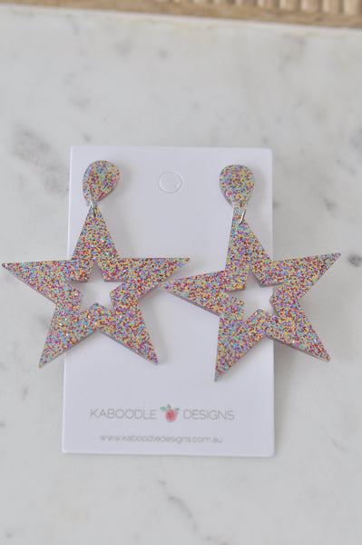 Acrylic Rainbow Glitter Star Drop Dangle Earrings