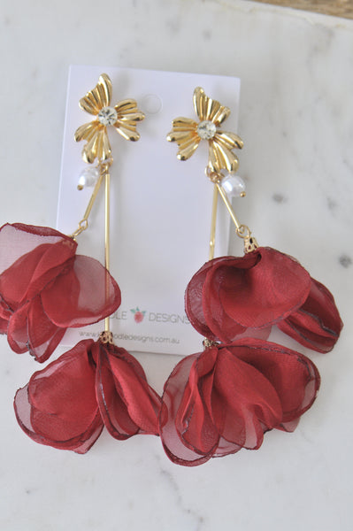 Rhinestone Faux Pearl Fabric Flower Drop Dangle Earrings - Red