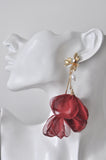 Rhinestone Faux Pearl Fabric Flower Drop Dangle Earrings - Red