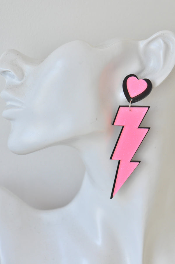 Acrylic Perspex Laser Cut Lightning Bolt Drop Earrings - Pink