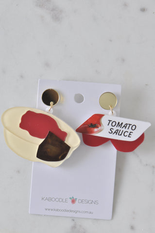 Acrylic Aussie Australian Meat Pie and Tomato Sauce Drop Dangle Earrings