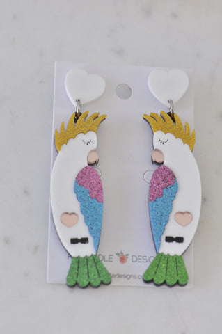 Acrylic Glitter Cockatoo Drop Dangle Earrings