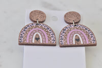 Front-facing view of both rainbow drop earrings showing glitter stud and pink arch colours