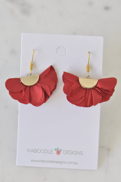Bohomian Boho Cloth Fabric Fan Flower Drop Earrings - Red