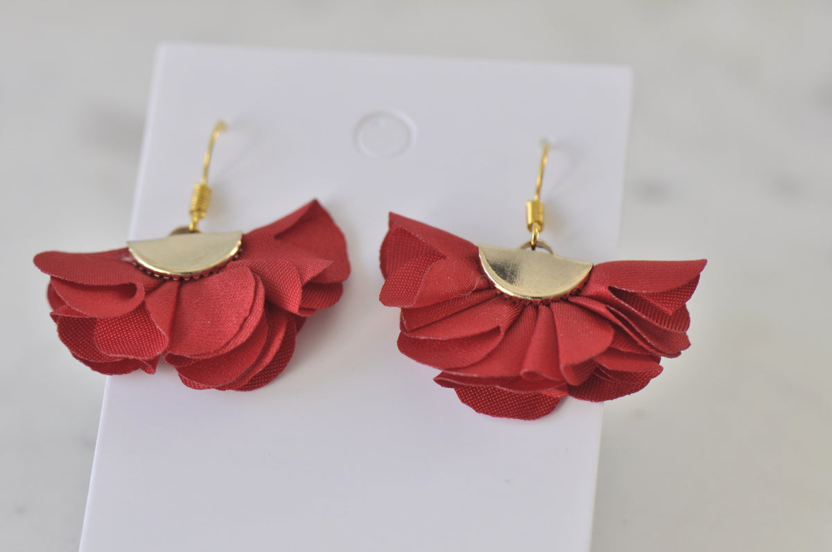 Bohomian Boho Cloth Fabric Fan Flower Drop Earrings - Red