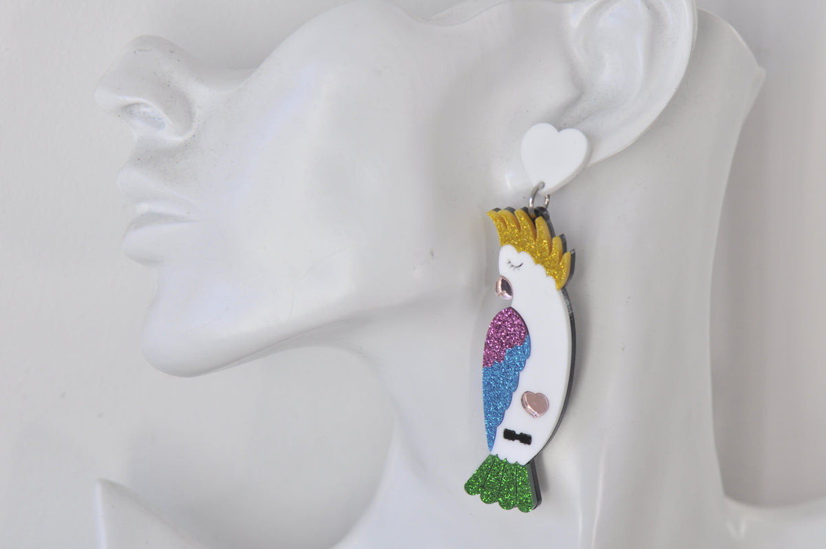 Acrylic Glitter Cockatoo Drop Dangle Earrings