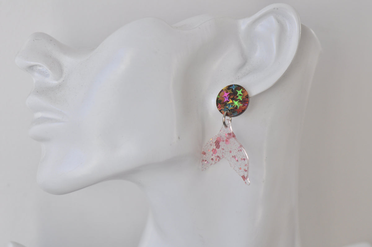 Resin Glitter Mermaid Fish Tail Dangle Stud Earrings