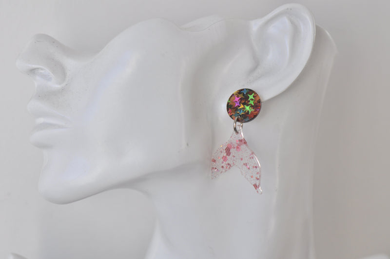 Resin Glitter Mermaid Fish Tail Dangle Stud Earrings