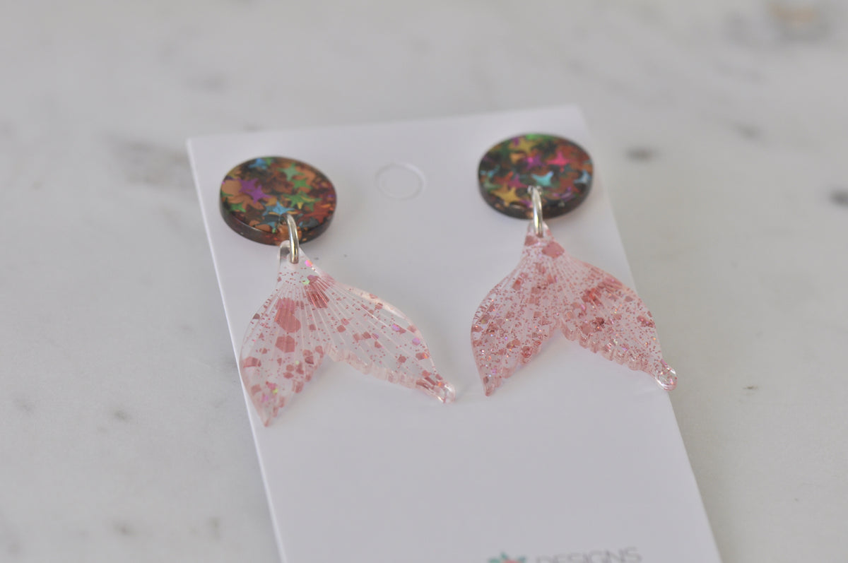 Resin Glitter Mermaid Fish Tail Dangle Stud Earrings