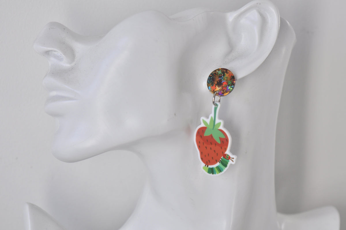 Acrylic Resin Caterpillar Apple and Strawberry Drop Dangle Earrings