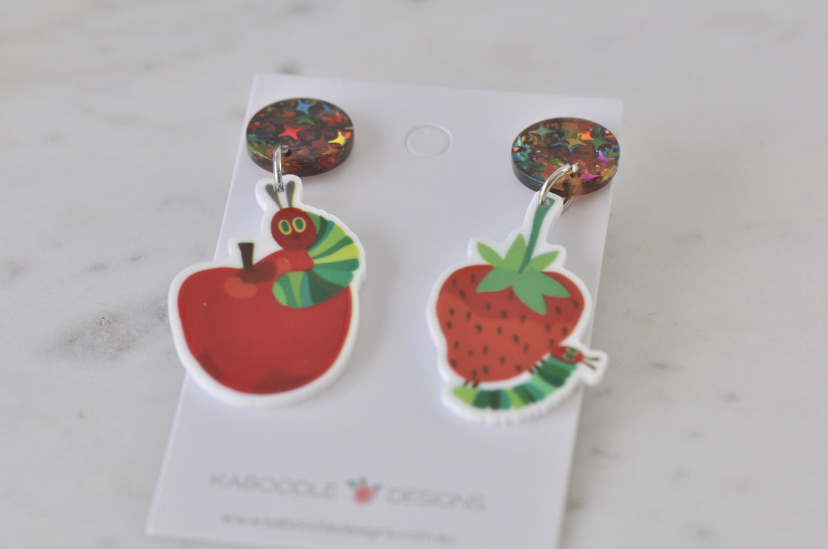 Acrylic Resin Caterpillar Apple and Strawberry Drop Dangle Earrings