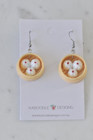 Miniature Food BBQ Pork Bun Dumplings Yum Cha Dangle Earrings