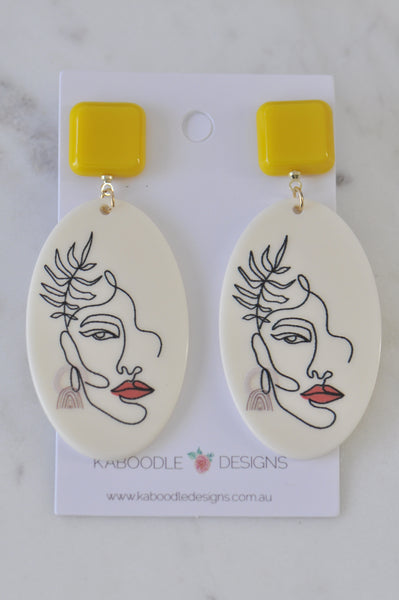 Geometric Girl Face Red Lips Statement Drop Dangle Earrings