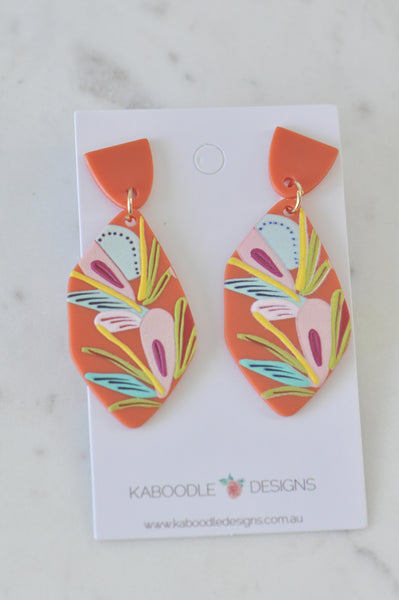 Geometric Burnt Orange Flowers Statement Drop Dangle Earrings
