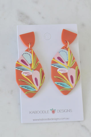 Geometric Burnt Orange Flowers Statement Drop Dangle Earrings