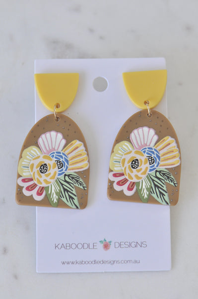 Geometric Mustard Boho Flowers Statement Drop Dangle Earrings