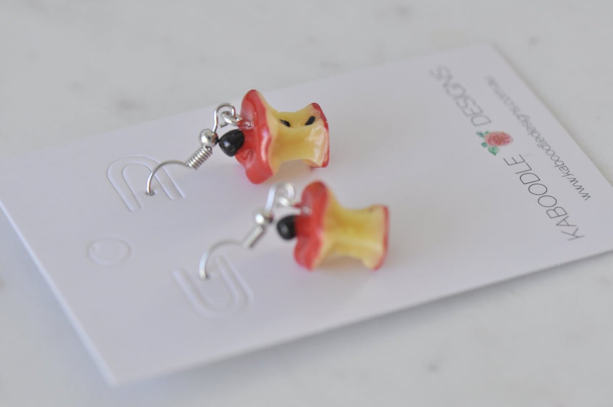 Red Apple Core Novelty Fun Drop Dangle Earrings