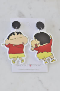 Pair of acrylic Shin Chan cartoon drop earrings on card, front and back poses shown