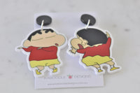 Close-up of both Shin Chan drop earrings side by side on white background