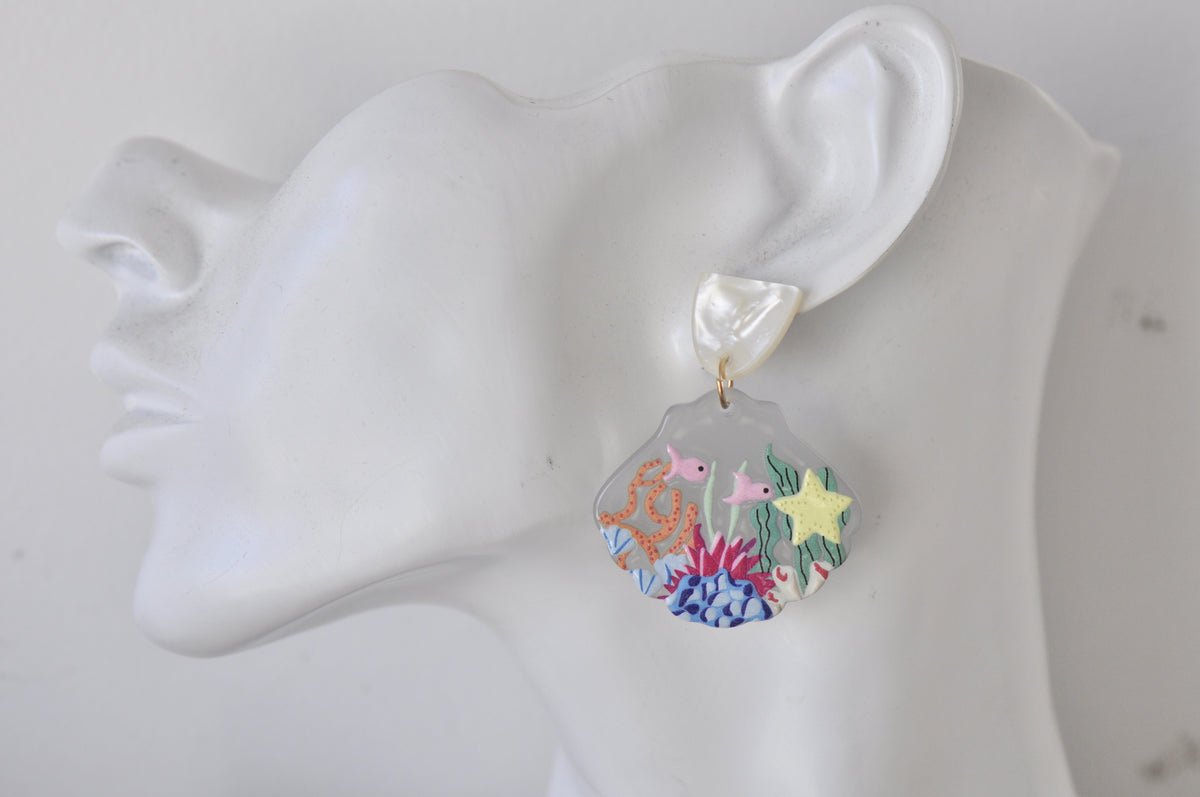 Acrylic Ocean Coral Fish Statement Drop Dangle Earrings