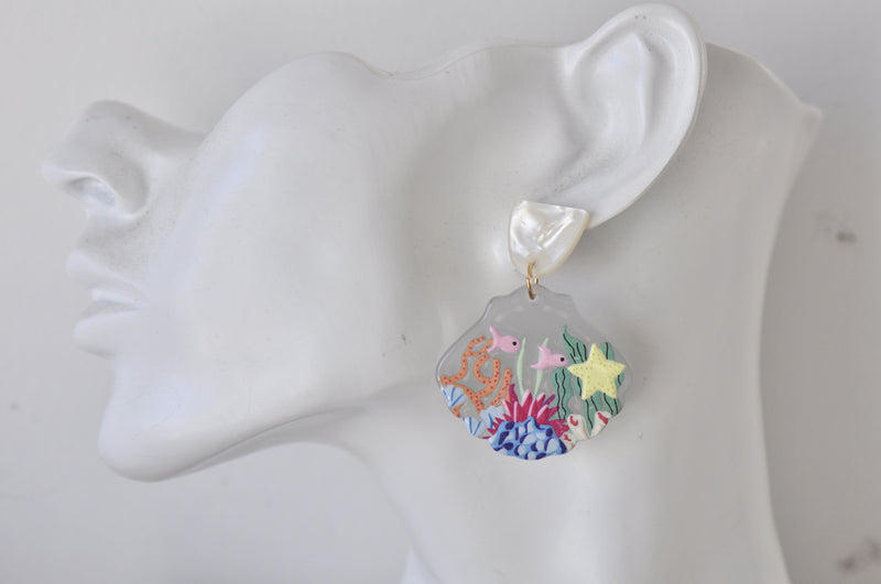 Acrylic Ocean Coral Fish Statement Drop Dangle Earrings