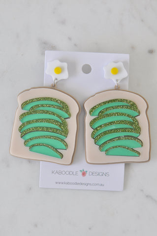 Acrylic Perspex Avocado Mashed Breakfast Toast with Egg Dangle Earrings
