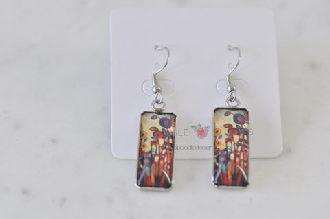 Rectangular Painting Image Picture Dangle Earrings - Flowers