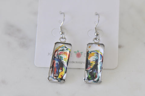 Rectangular Painting Image Picture Dangle Earrings - Elephant