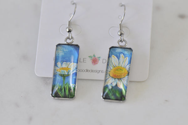 Rectangular Painting Image Picture Dangle Earrings - Daisy Flower