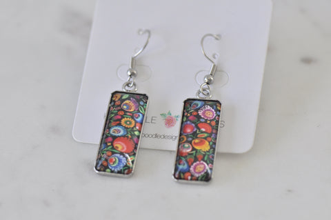 Rectangular Painting Image Picture Dangle Earrings - Flowers