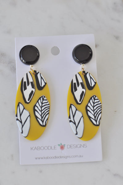 Geometric Mustard Yellow Leaves Patterns Statement Drop Dangle Earrings