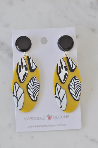 Geometric Mustard Yellow Leaves Patterns Statement Drop Dangle Earrings