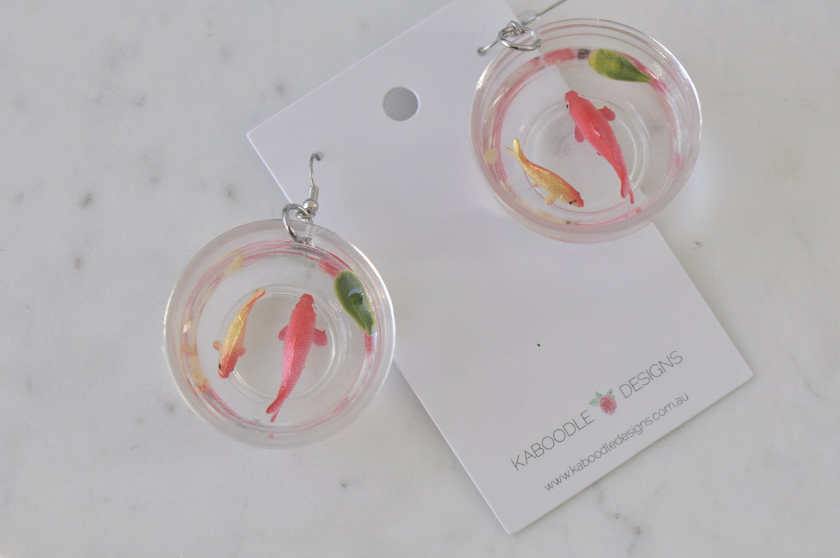 Novelty Resin Goldfish Gold Fish Bowl Dangle Earrings