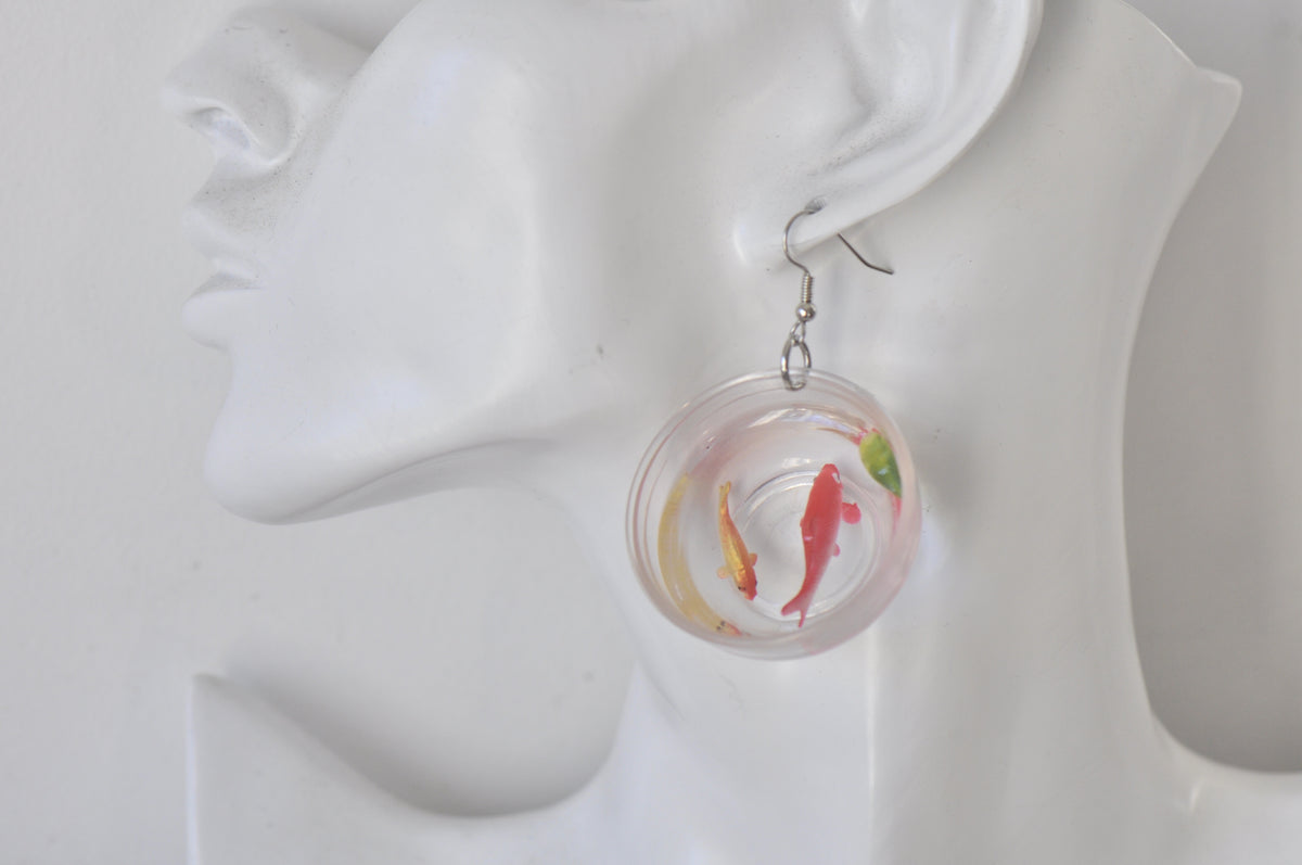 Novelty Resin Goldfish Gold Fish Bowl Dangle Earrings
