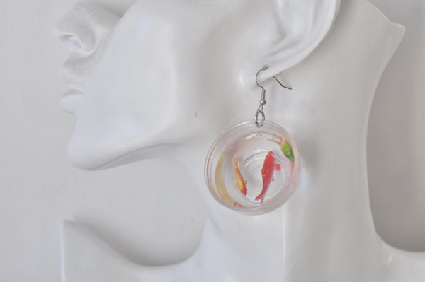 Novelty Resin Goldfish Gold Fish Bowl Dangle Earrings