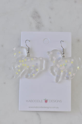 Resin Rainbow Glitter Unicorn Dangle Drop Earrings - Clear