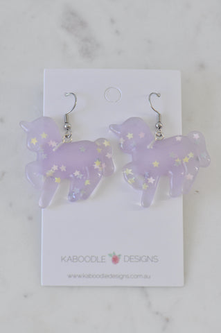 Resin Rainbow Glitter Unicorn Dangle Drop Earrings - Pastel Purple