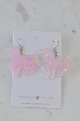 Resin Rainbow Glitter Unicorn Dangle Drop Earrings - Pastel Pink